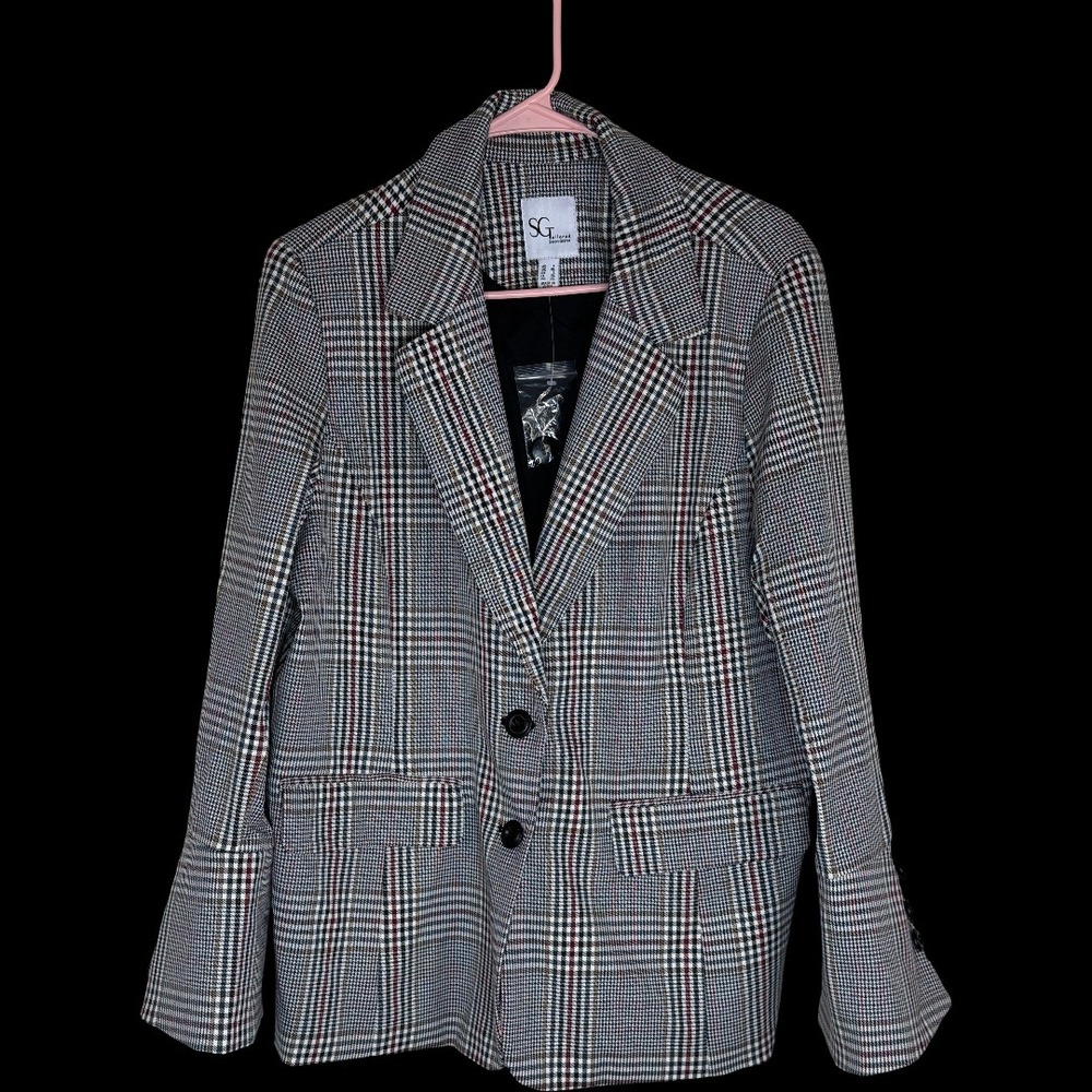 Susan Graver Tailored Woven Plaid Bell Sleeve Blazer Black Scarlet A703232 L